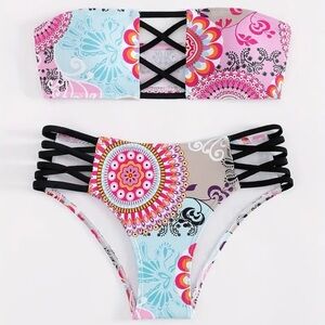 Paisley Print Bandeau Cut Out High Waist Bikini Set